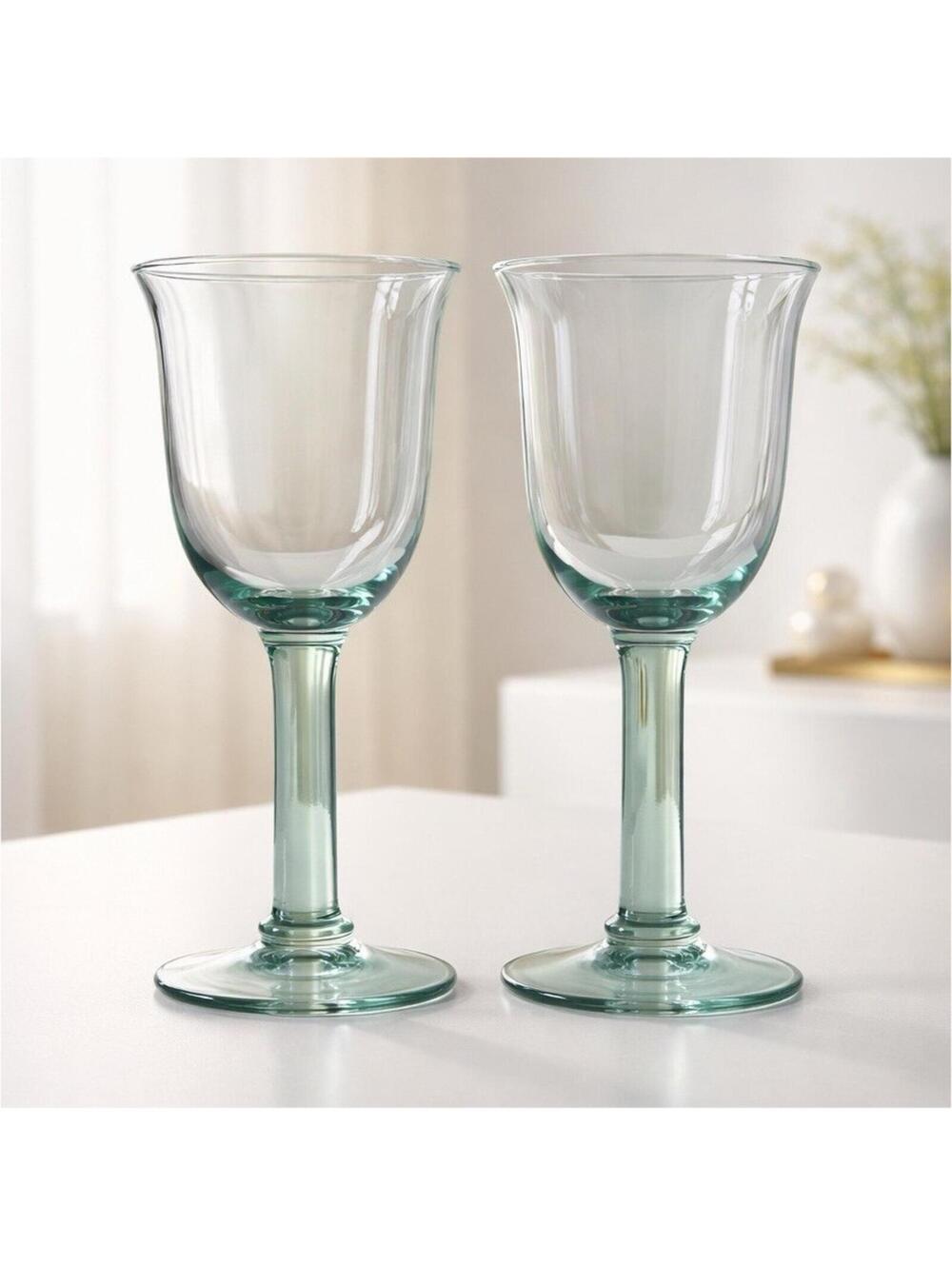 Wine Glasses Are Mouth-Blown Recycled Green Glass Featuring Bubbles In The Glass